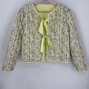 Yousify Womens Cropped Puffer ribbon tie closure Jacket green Floral L